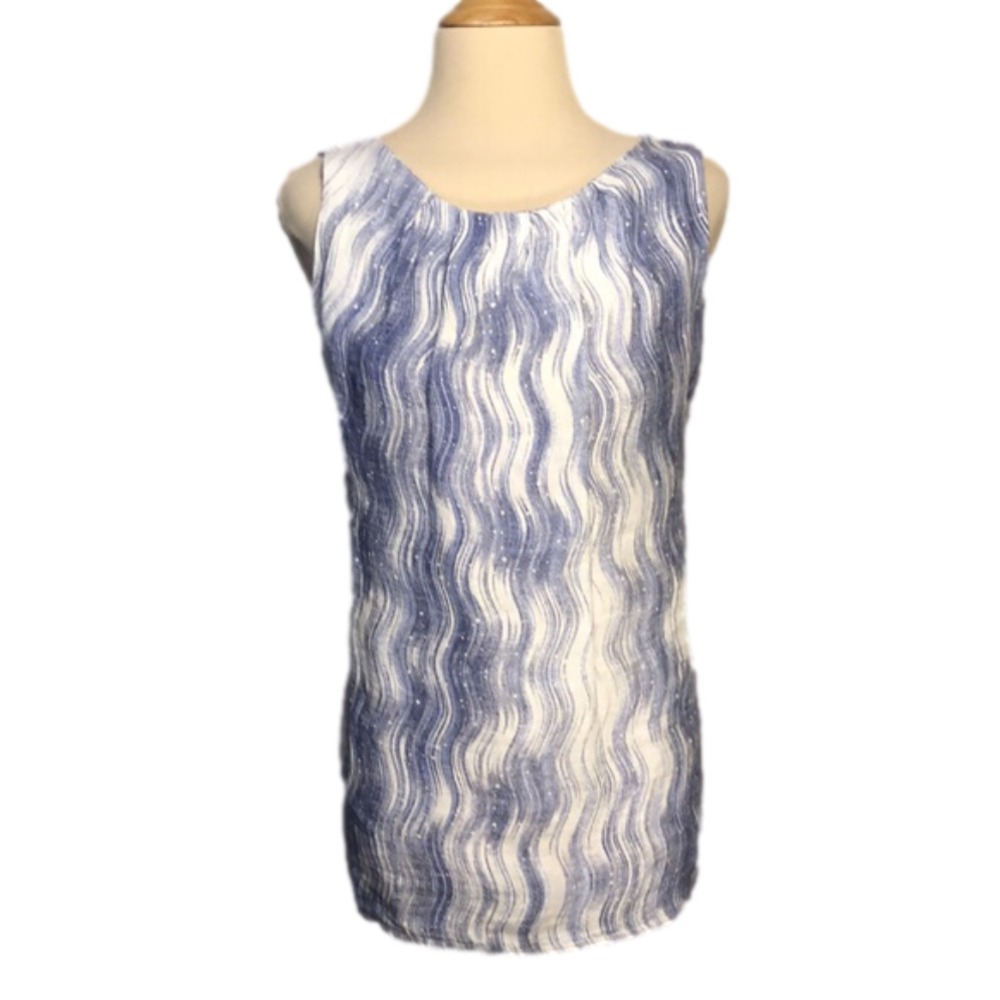 Luca VANUCCI Blue and White Ocean Wave Linen Sleeveless Top‎ Size L NWT